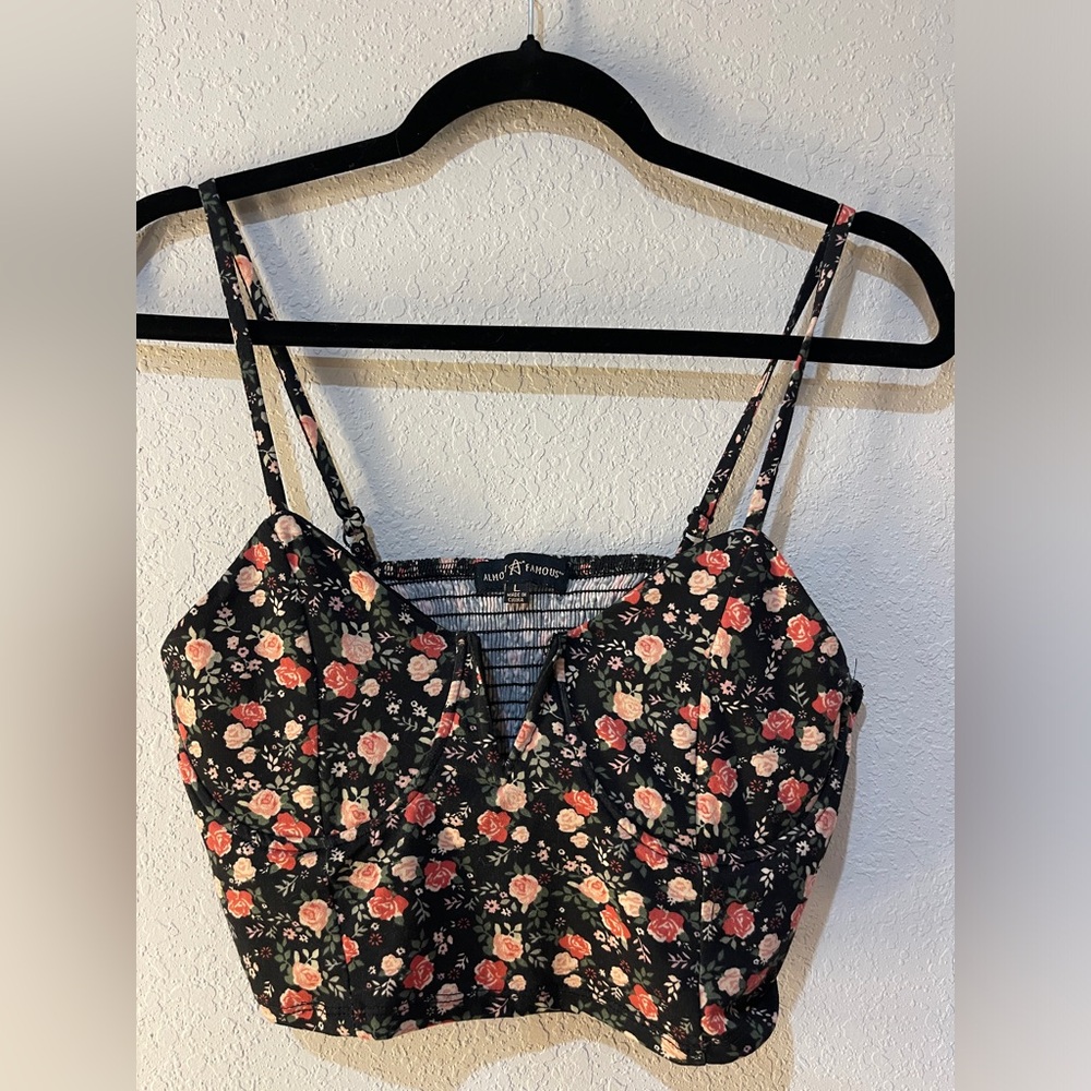 Almost Famous Black and Pink Floral Crop Top Size Large